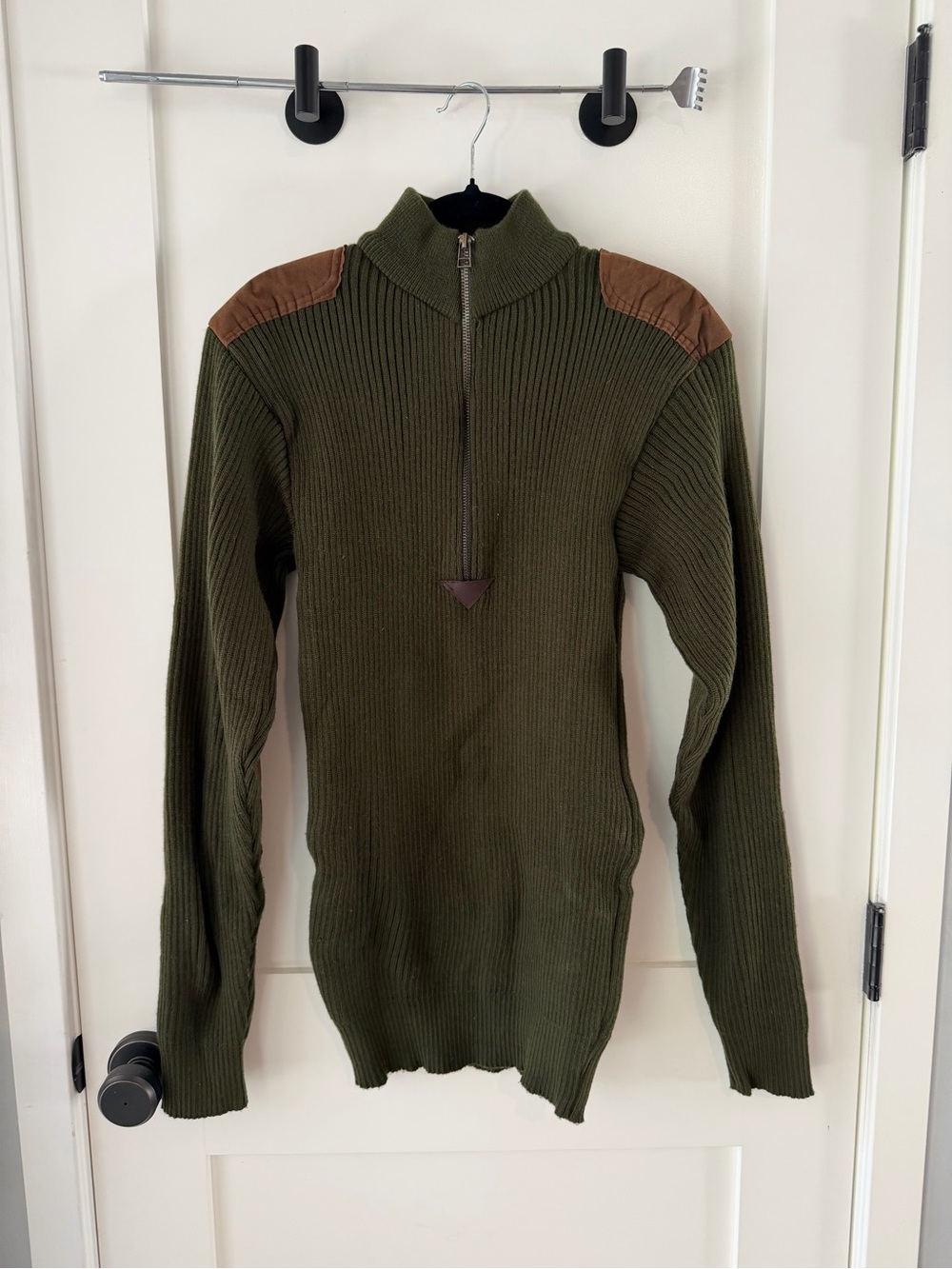 Rothco Olive Green Zip-Up Sweater with Brown Shoulder and Elbow Panels